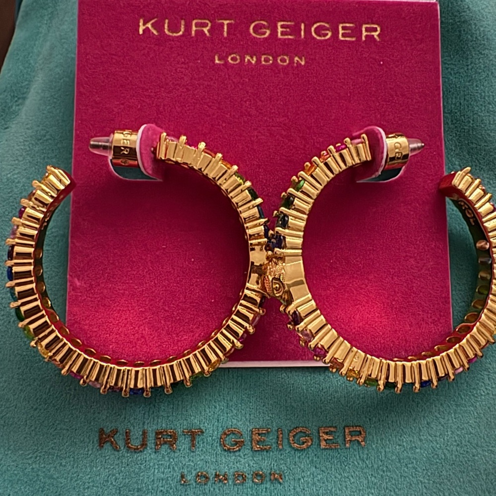 NWT 🌈Kurt Geiger🌈 Large Gold Hoop Earrings with Multicolor Stones